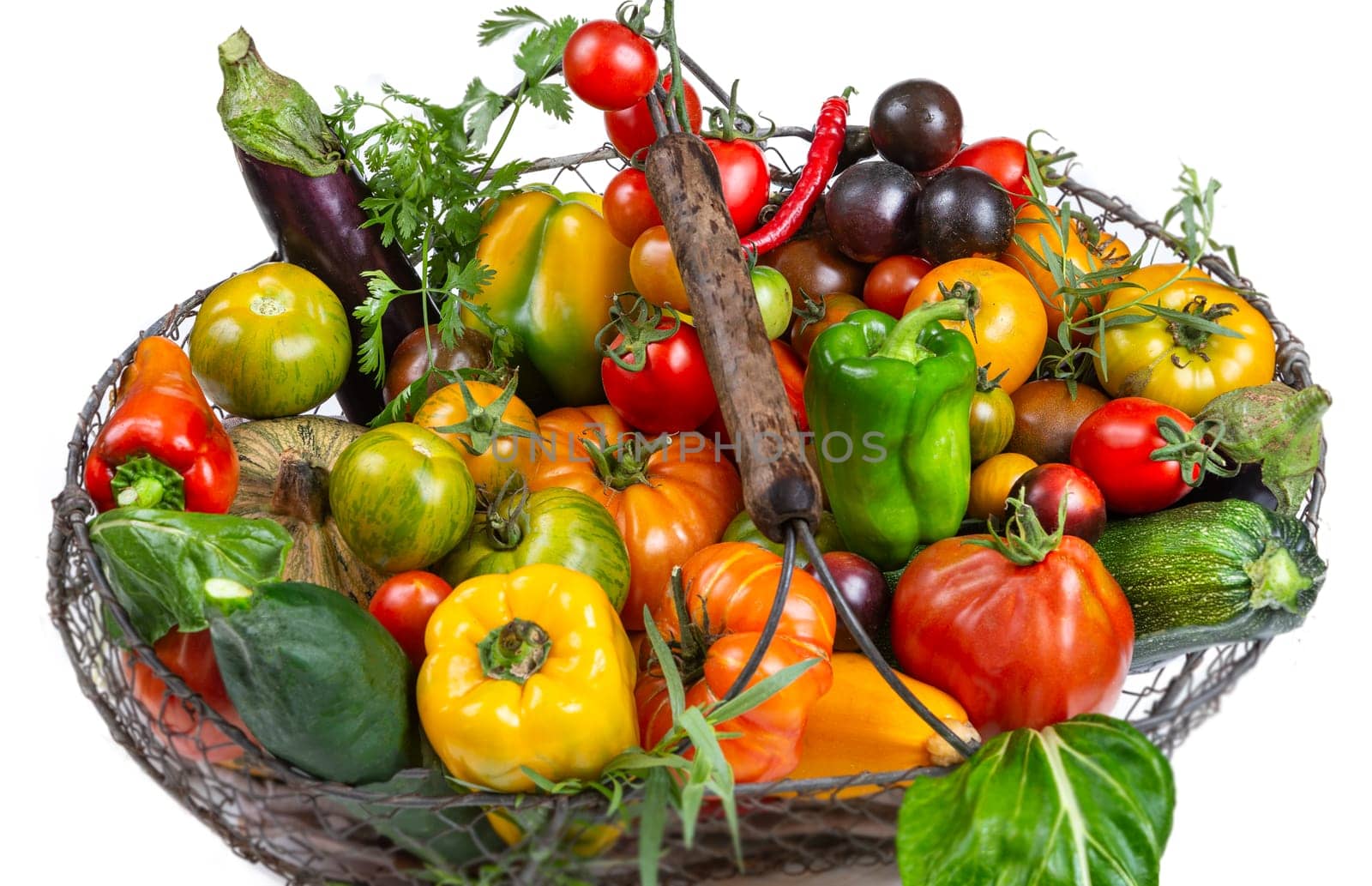 Basket with vegetables cabbage, carrots, cucumbers,butternuts tomatoes, radish ,zuchini and peppers white background ,Concept of biological, bio products, bio ecology, grown by yourself, vegetarians. by JPC-PROD