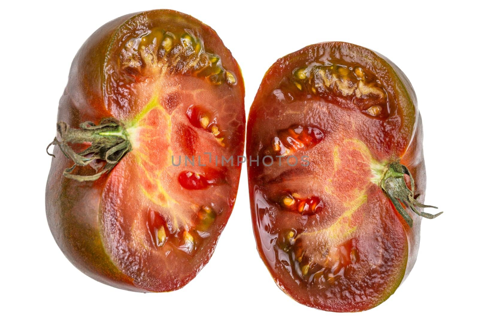 Black Tomato isolated. Tomato whole, half, on white background. Clipping path. by JPC-PROD