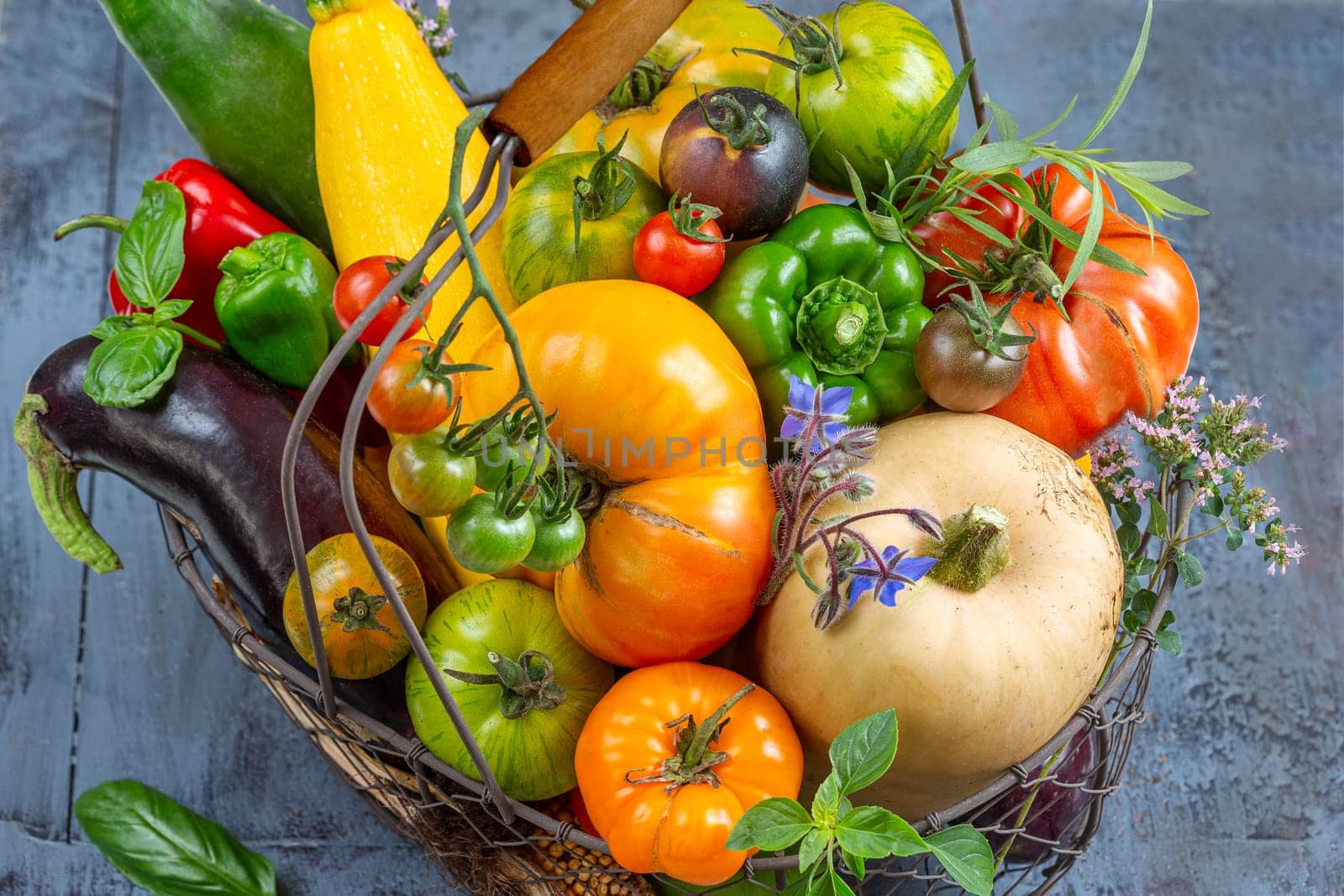 Basket with vegetables cabbage, carrots, cucumbers,butternuts tomatoes, radish ,zuchini and peppers white background ,Concept of biological, bio products, bio ecology, grown by yourself, vegetarians. by JPC-PROD