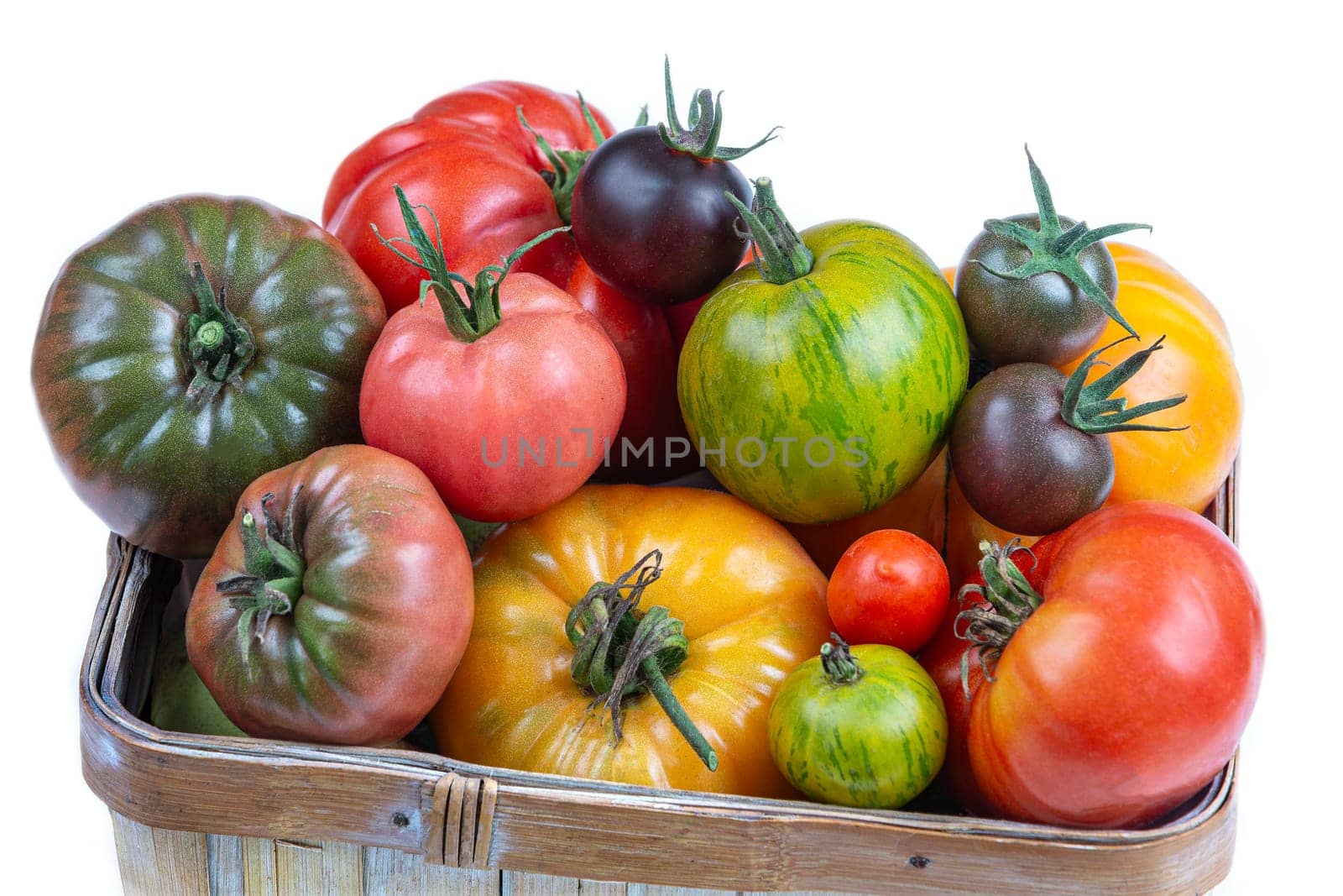 Basket full of freshly harvested heirloom and heritage tomatoes over white backgrond Multicoloured, red, green, black, purple, orange and yellow tomatoes ready to eat by JPC-PROD