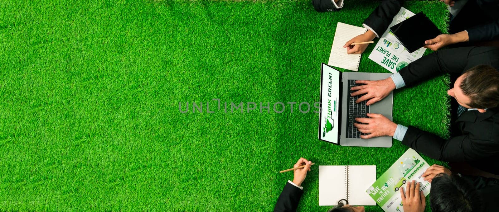 Panorama top view of business people planning business marketing with environmental responsibility for greener ecology. Productive teamwork contribute nature preservation and sustainable future.Quaint