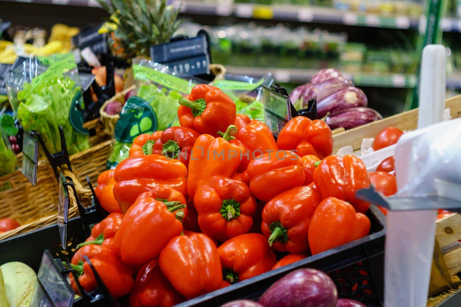 Red peppers at the gas station, in the grocery store, in the supermarket. Selective focus