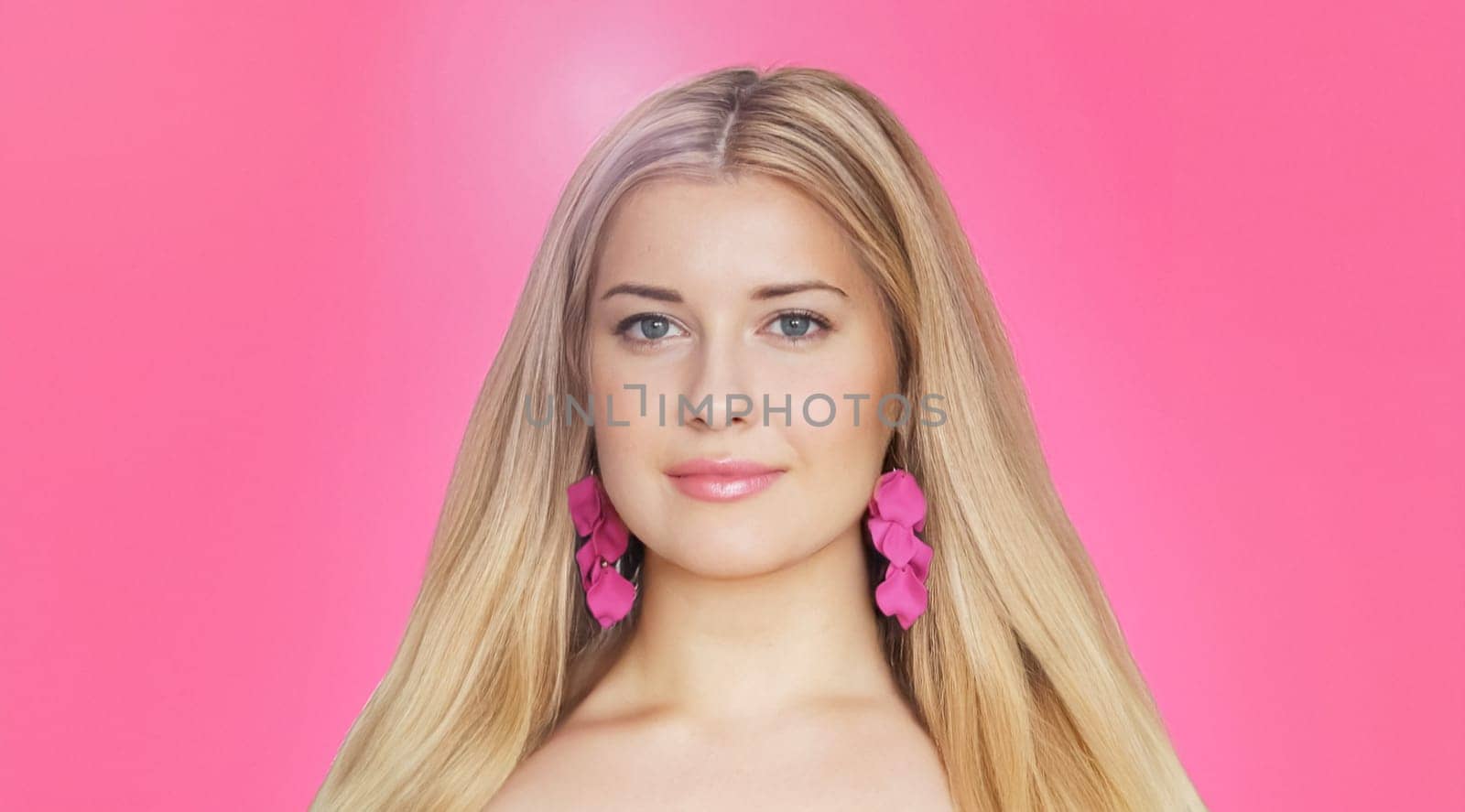 Woman, beauty and elegance, blonde with glamour and pink earrings. Beautiful feminine model, confidence, charm and sophistication, portrait with soft makeup and radiant smile portrait