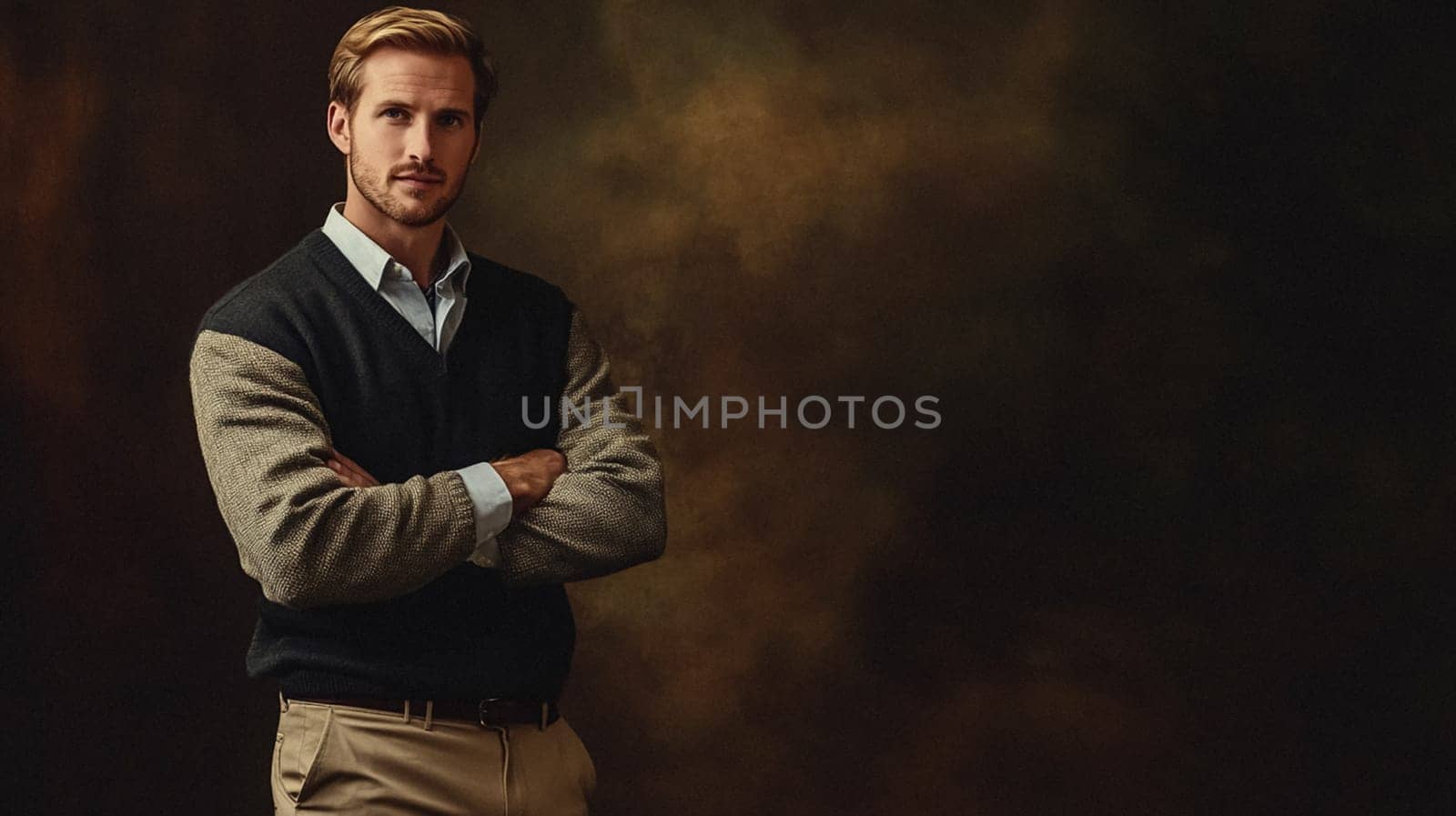 Handsome English man model dressed up smart casual fashion style, exuding refined masculinity and timeless elegance idea