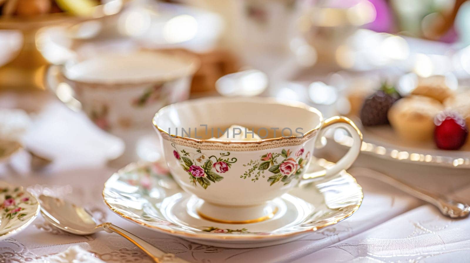 Elegant table setting for tea party with cakes and cupcakes in English manor. Selective focus. Vintage style