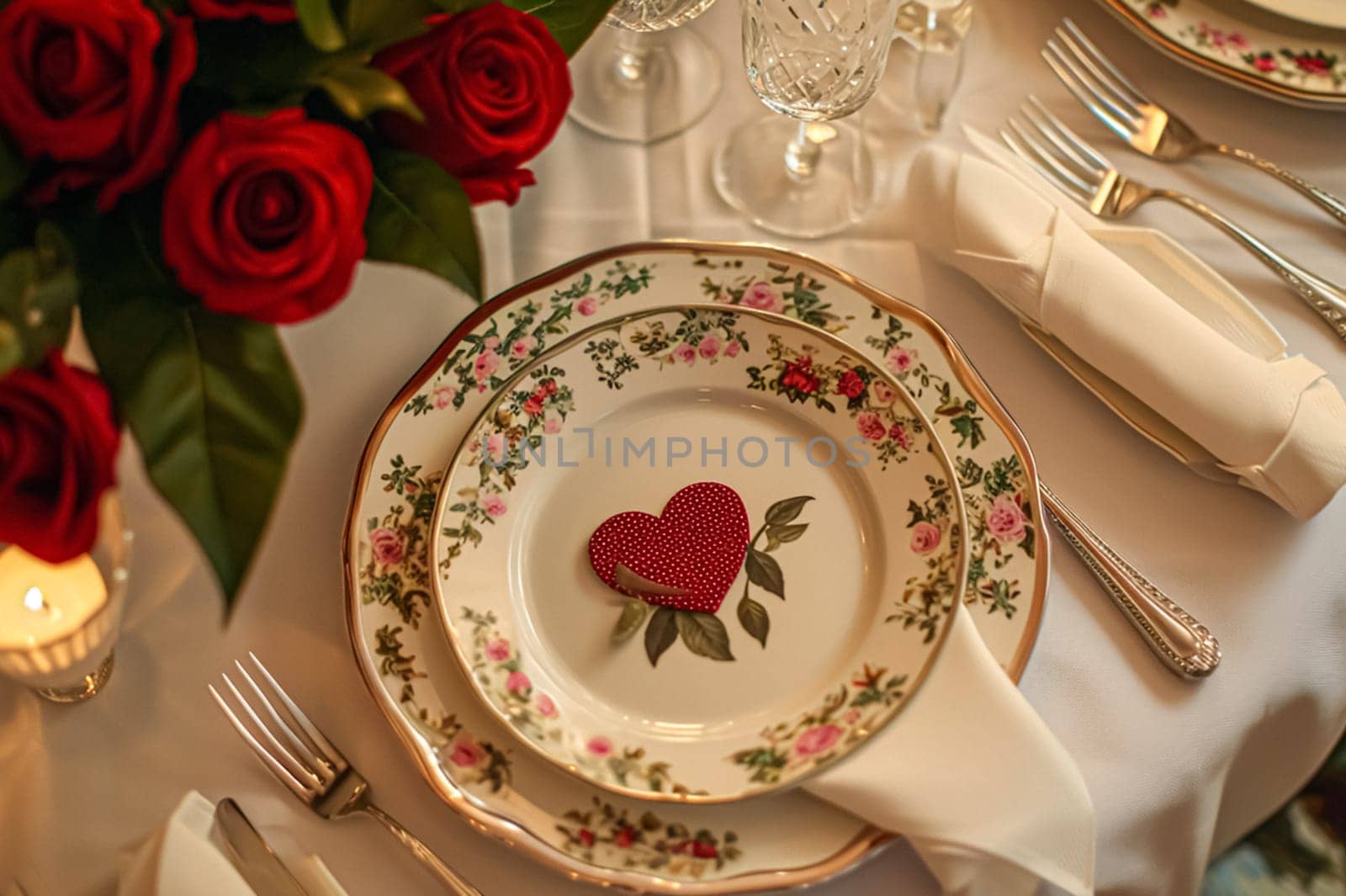 Festive table setting with candles and arrangement of beautiful red flowers. Holiday concept. High quality photo