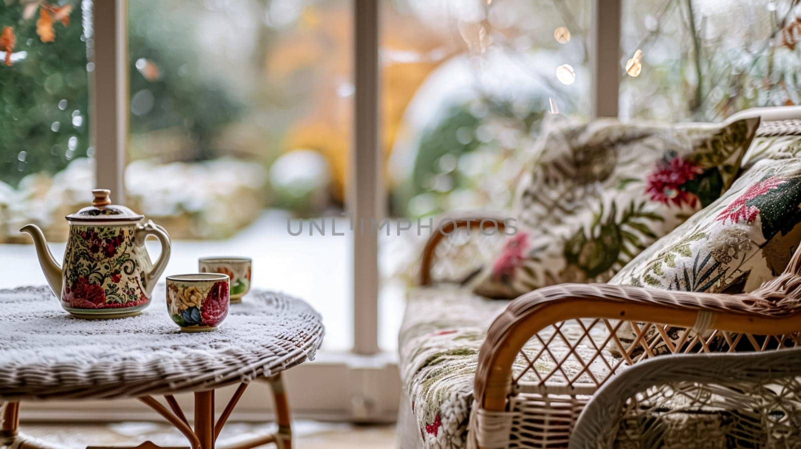 Colorful pillows on sofa against glass wall of window in a winter garden or conservatory. Interior textile concept. High quality photo