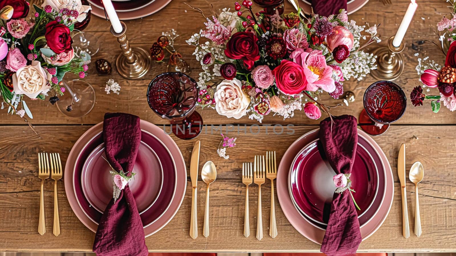 Festive table setting with candles and arrangement of beautiful red flowers. Holiday concept. High quality photo