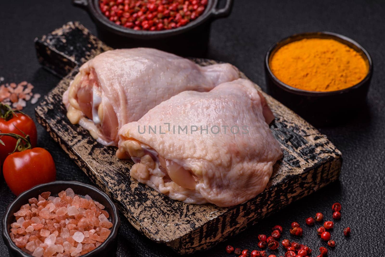 Fresh raw chicken thighs with salt and spices on dark concrete background