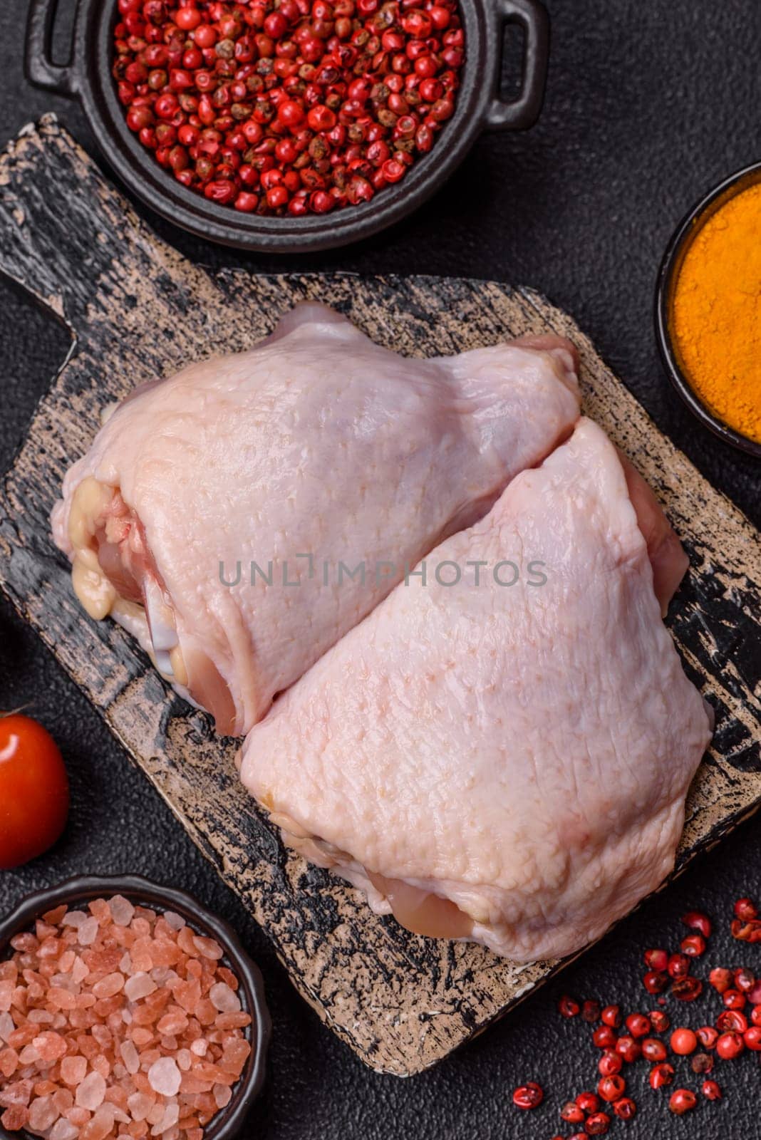 Fresh raw chicken thighs with salt and spices on dark concrete background