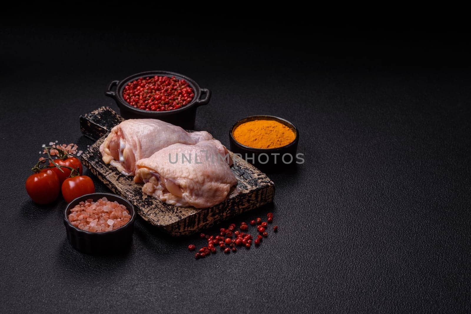 Fresh raw chicken thighs with salt and spices on dark concrete background