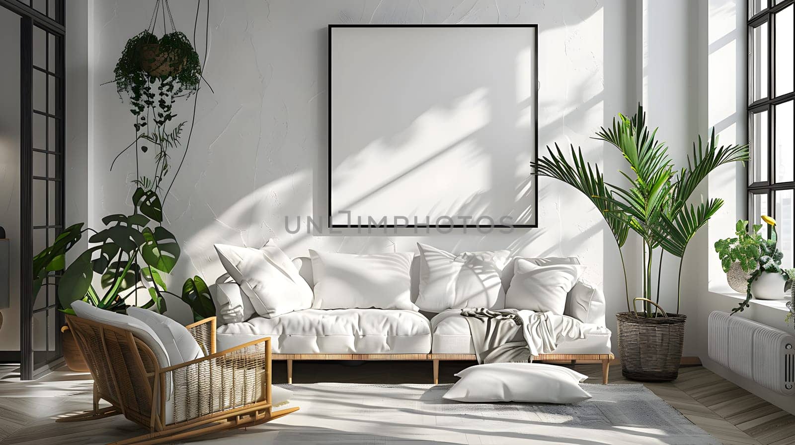 A cozy living room with a couch, chair, plants, and a picture frame on the wall creating a comfortable interior design in a house setting