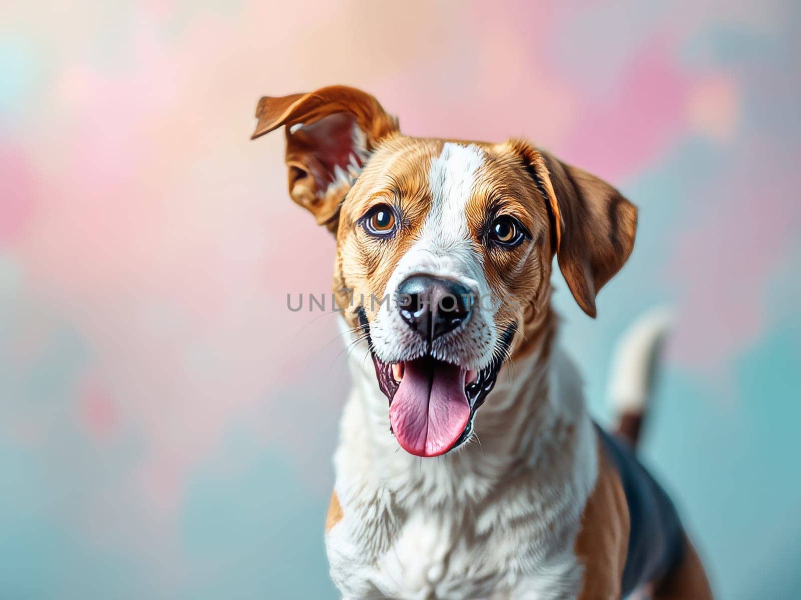 Adorable dog panting happily, showcasing a joyful expression against a vibrant, colorful pastel background, radiating pure charm and positivity. Ai generated