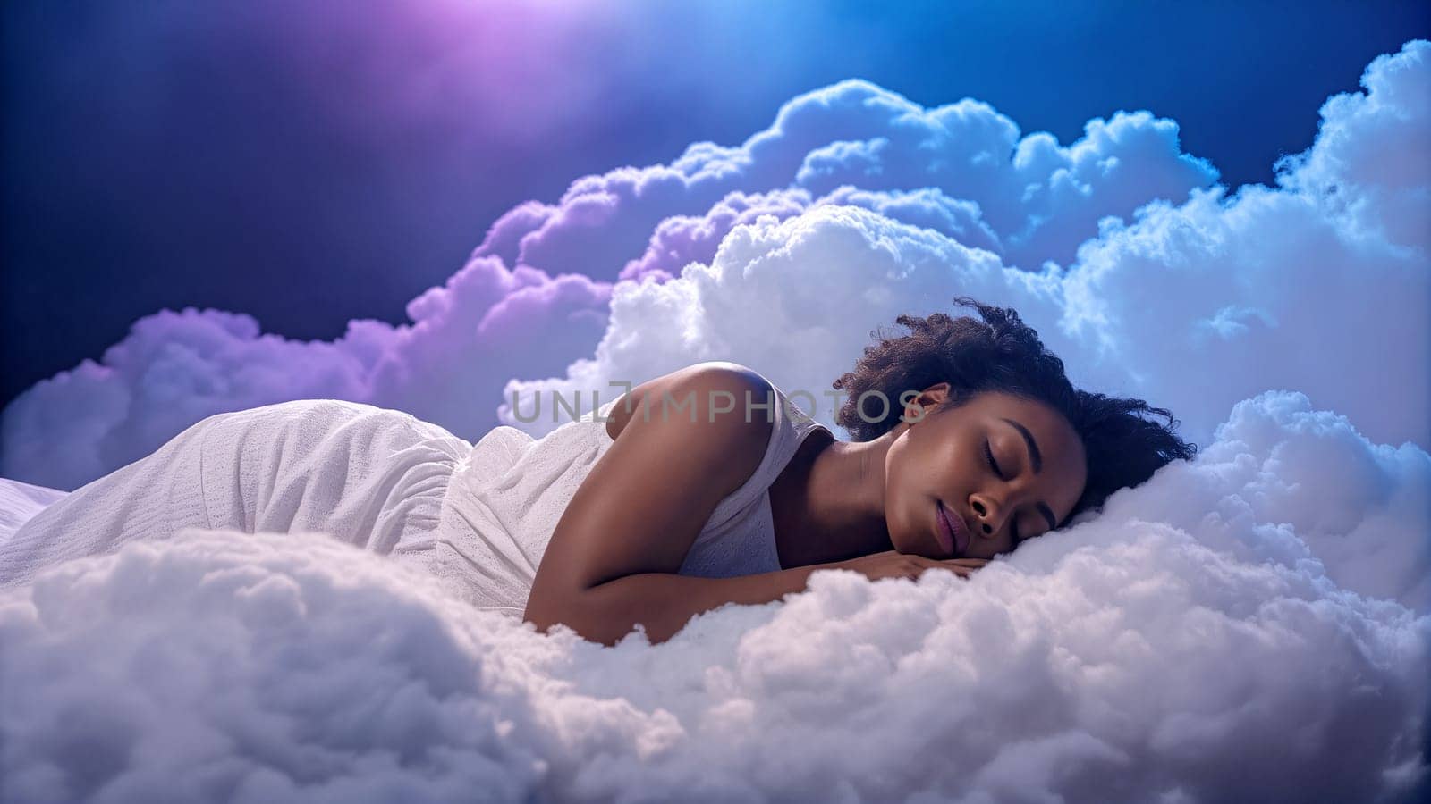 An african american woman lies comfortably asleep on soft, white clouds. The background features gentle, colorful lighting that enhances the tranquil ambiance - Generative AI