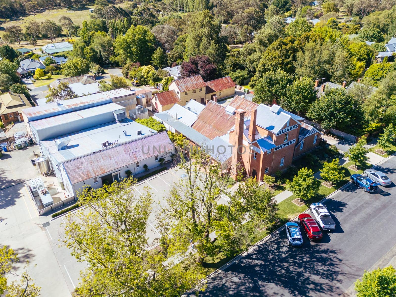 BEECHWORTH, AUSTRALIA - JANUARY 1 2025: Aerial view of Billson's Brewery in historic Beechworth town centre on a warm summer's day in Victoria, Australia on January 1st, 2025