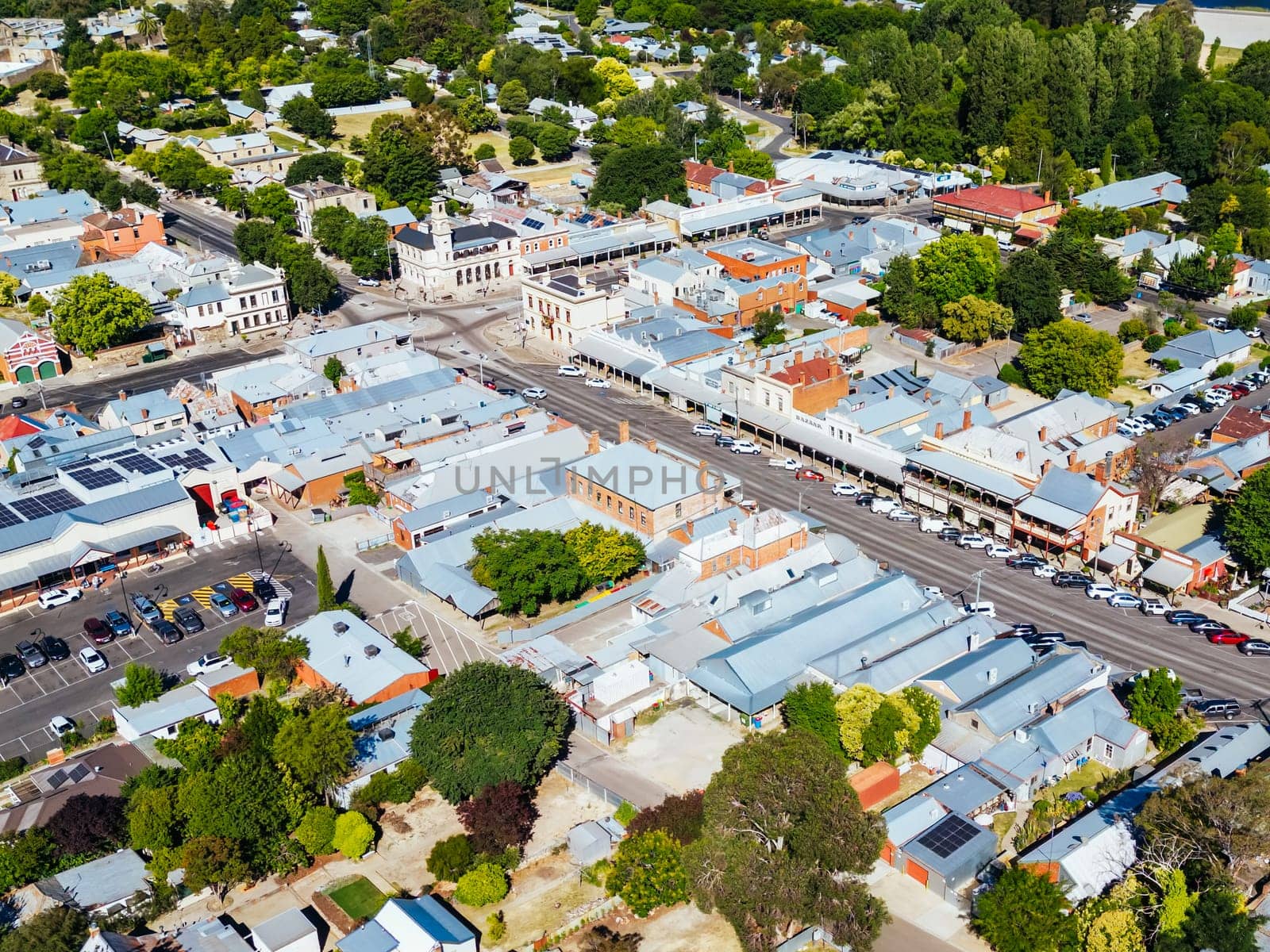 BEECHWORTH, AUSTRALIA - JANUARY 1 2025: Aerial view over historic Beechworth town centre on a warm summer's day in Victoria, Australia on January 1st, 2025