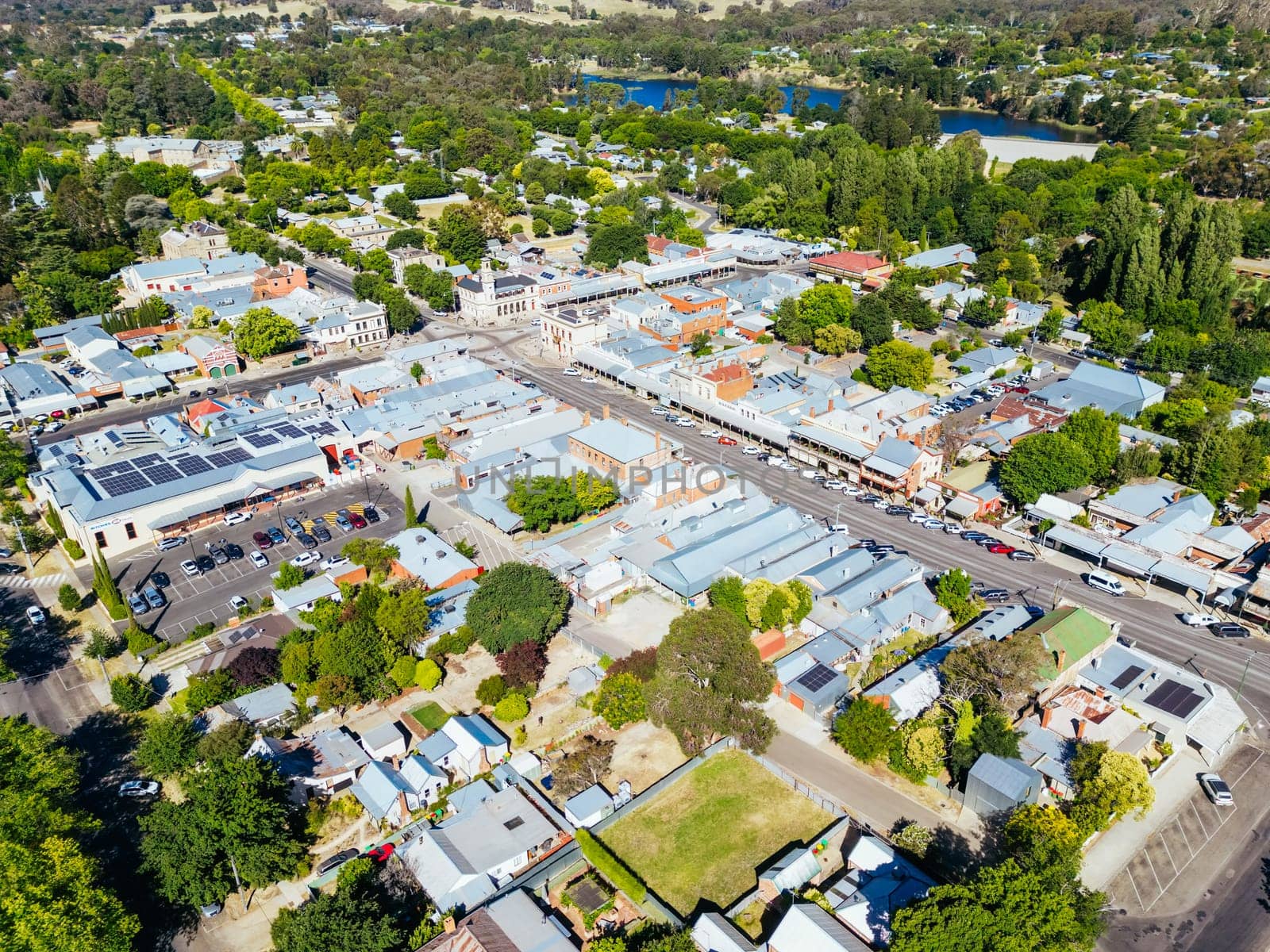 BEECHWORTH, AUSTRALIA - JANUARY 1 2025: Aerial view over historic Beechworth town centre on a warm summer's day in Victoria, Australia on January 1st, 2025