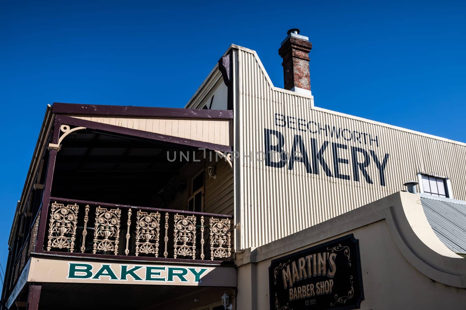 BEECHWORTH, AUSTRALIA - JANUARY 1 2025: Historic Beechworth bakery in Beechworth town centre on a warm summer's day in Victoria, Australia on January 1st, 2025