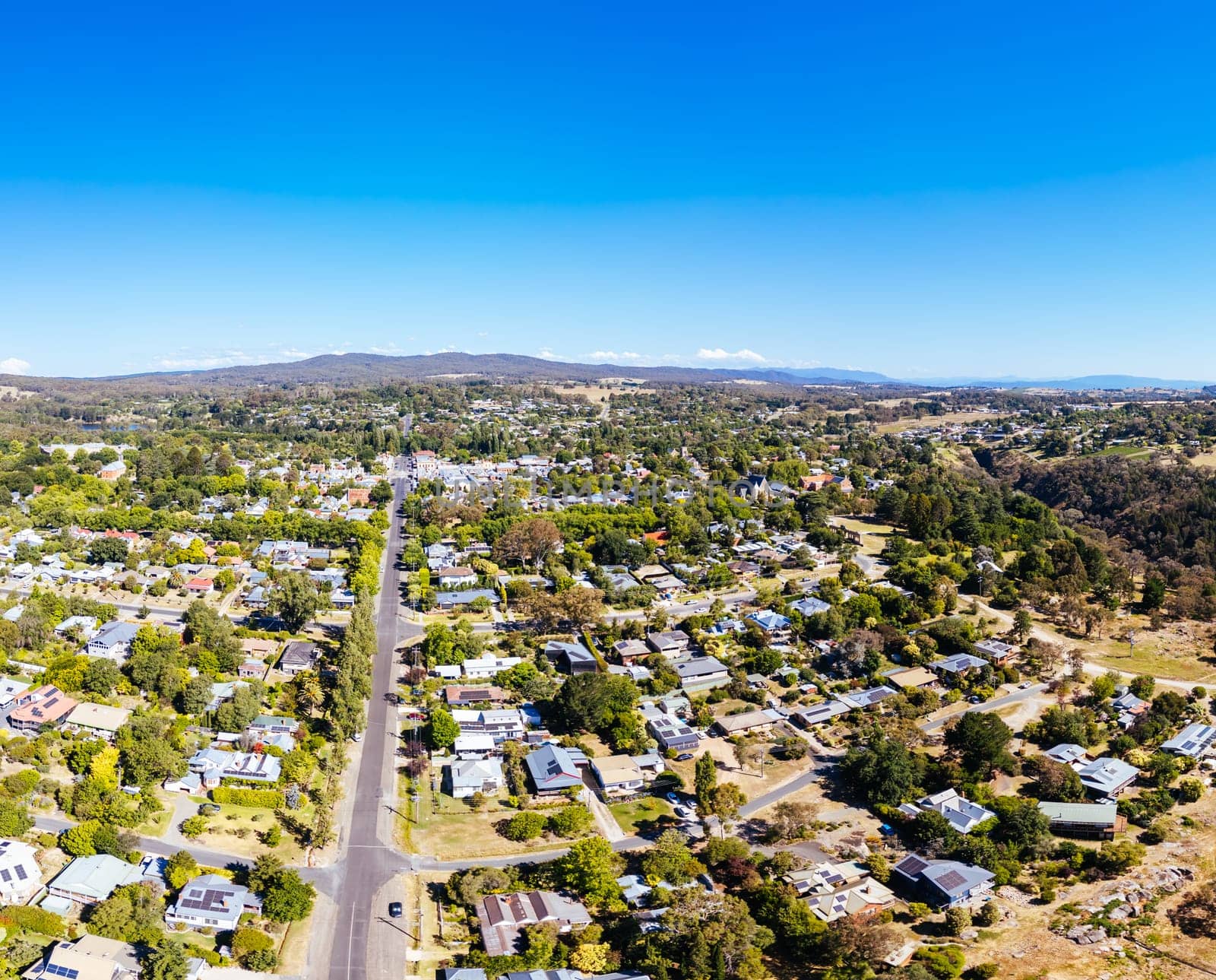 BEECHWORTH, AUSTRALIA - JANUARY 1 2025: Aerial view over historic Beechworth town centre on a warm summer's day in Victoria, Australia on January 1st, 2025