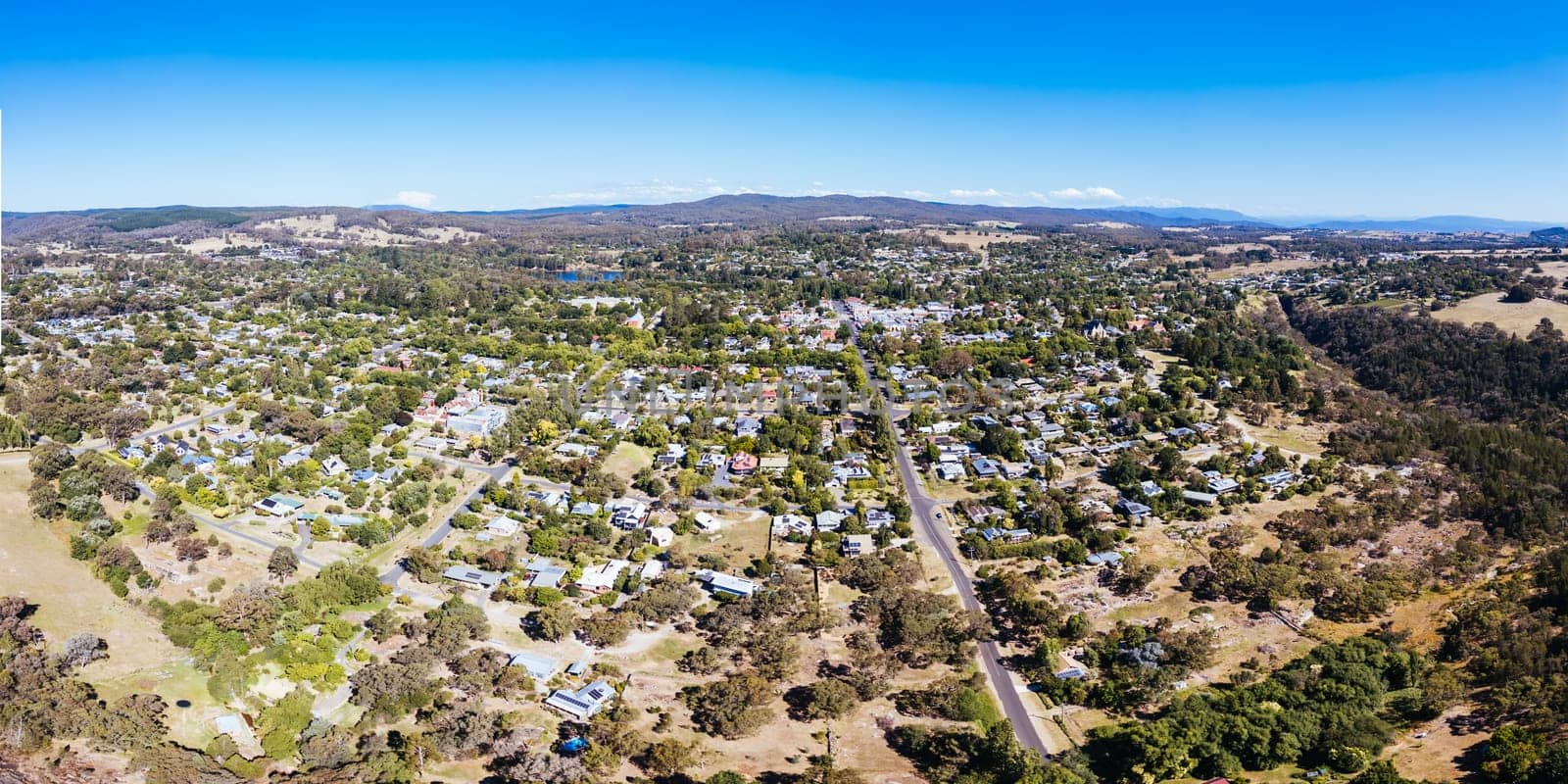 BEECHWORTH, AUSTRALIA - JANUARY 1 2025: Aerial view over historic Beechworth town centre on a warm summer's day in Victoria, Australia on January 1st, 2025