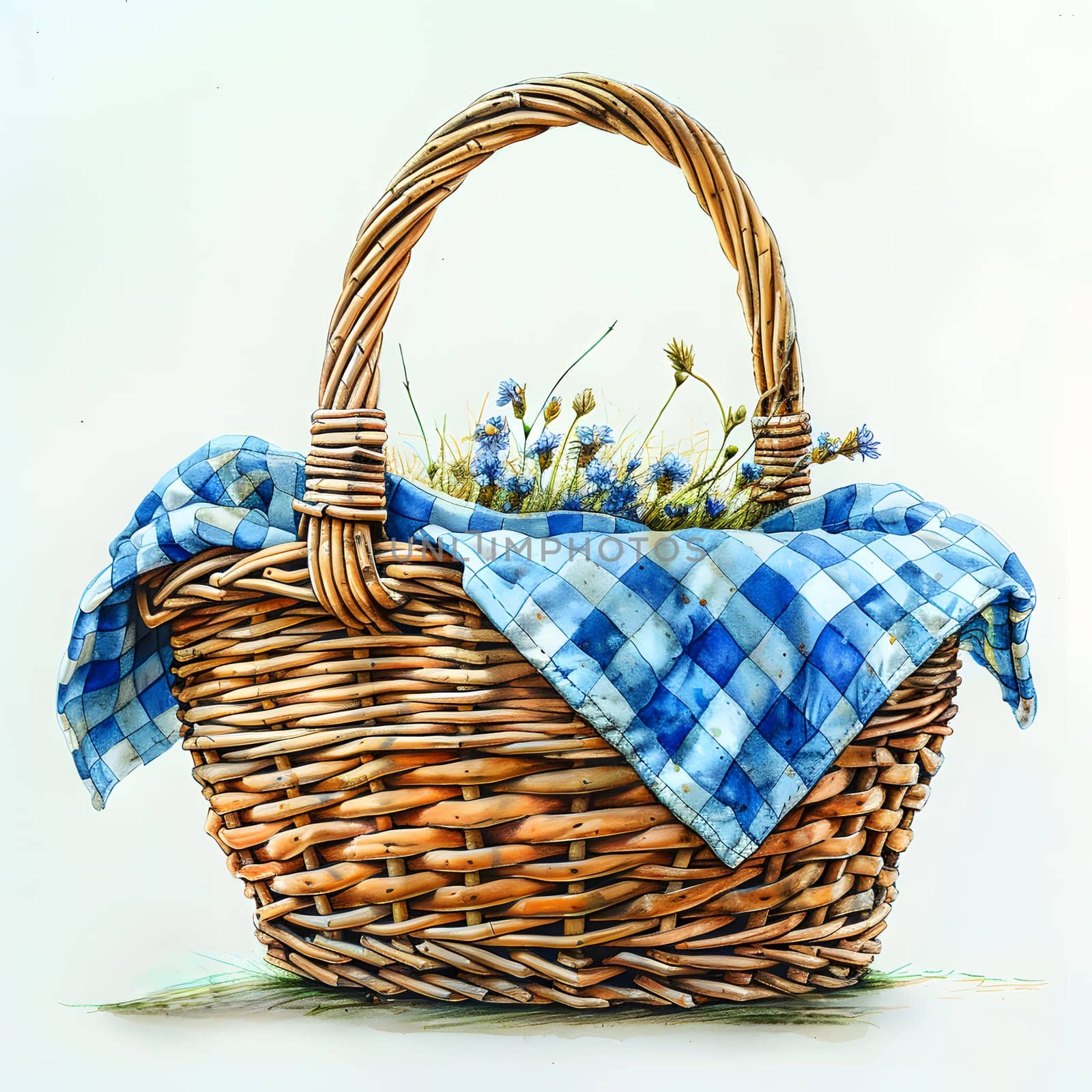 Wicker picnic basket with blue checkered cloth and wildflowers, ideal for outdoor meal