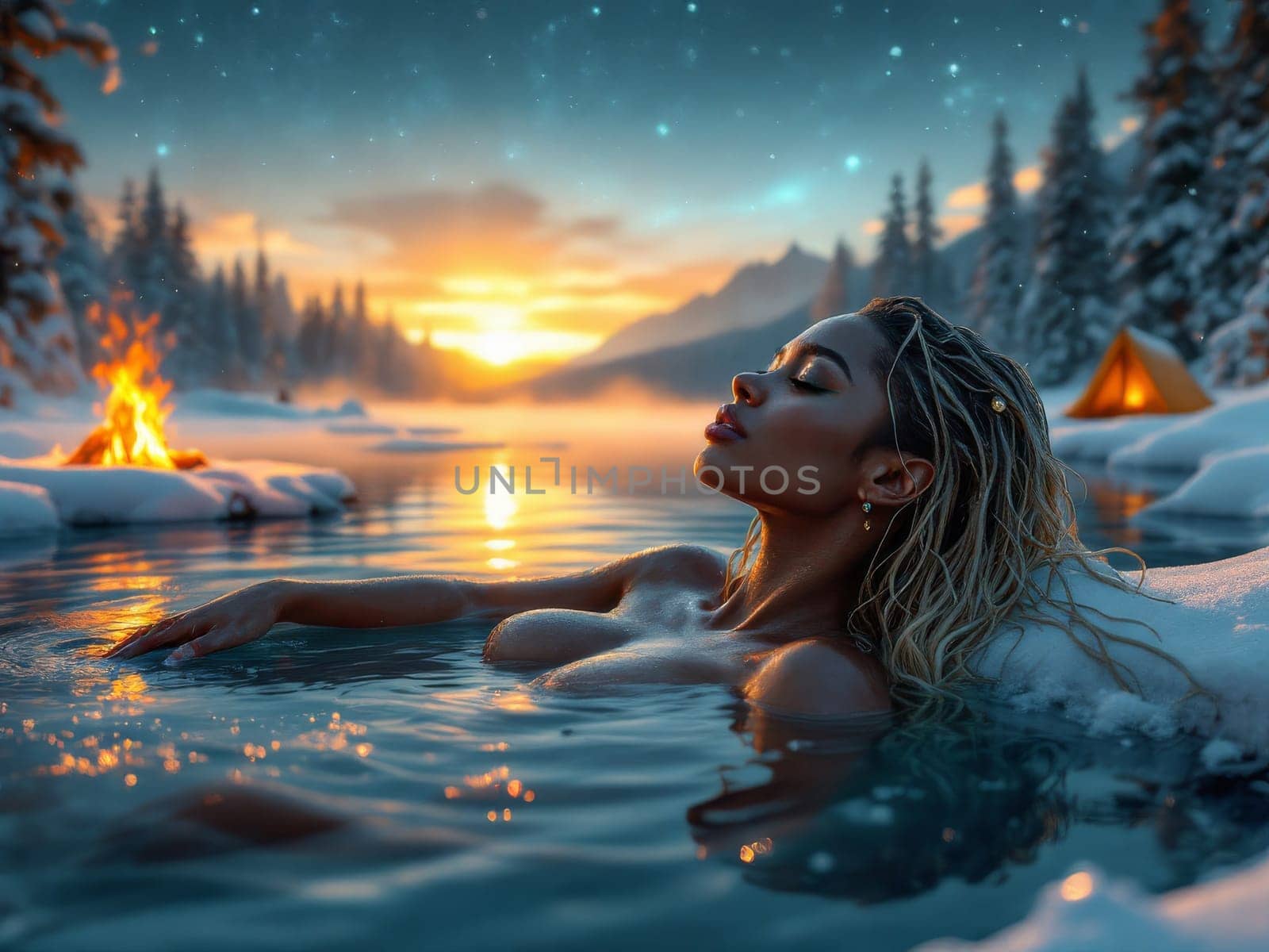 Young woman relaxing in a natural hot spring during a snowy winter evening, surrounded by a beautiful sunset landscape and a cozy campfire. Ai generated