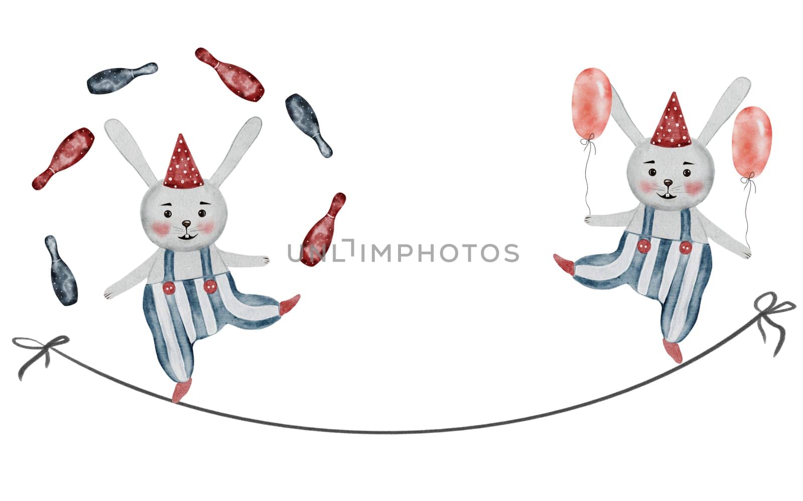 Cute circus watercolor. Rabbits acrobats. Hand drawn cute animals on isolated white background. Clip art of vintage bunnies with balloons balancing on a rope. Perfect for posters and cards for baby shower. High quality illustration