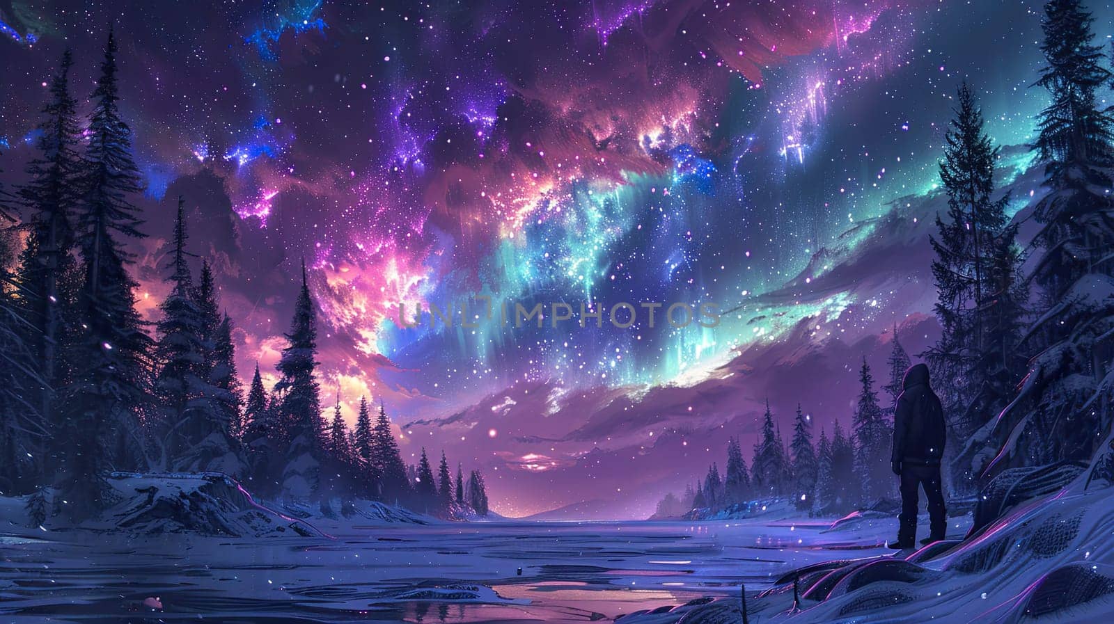 An absolutely breathtaking cosmic scene showcasing a colorful aurora shimmering over a tranquil winter landscape