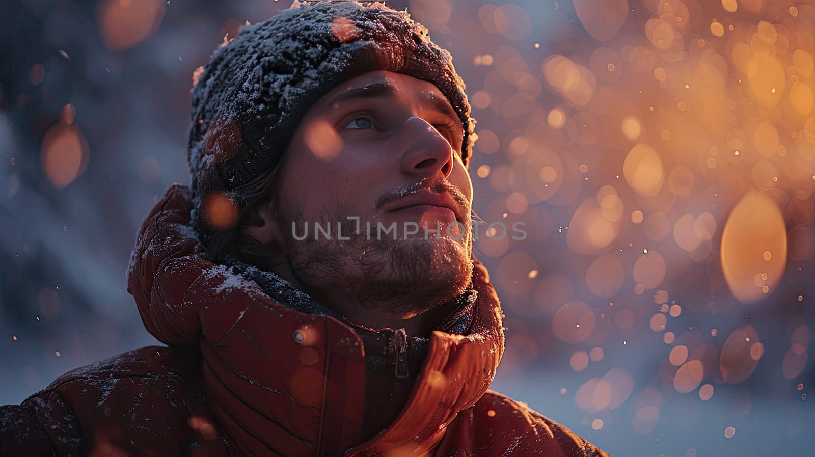 A man is gazing up at the falling snow while surrounded by warm glowing lights in a beautiful winter wonderland