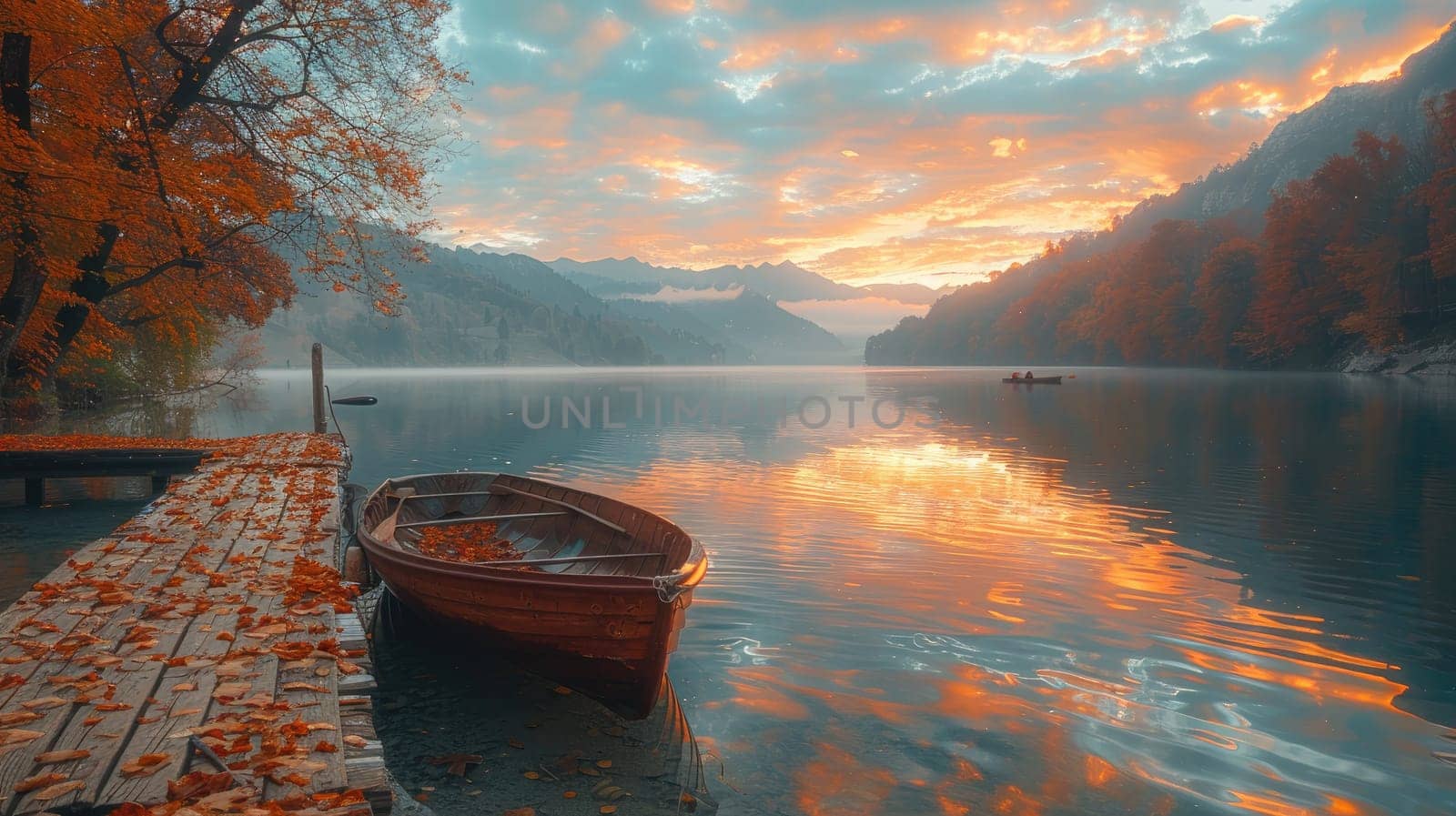 A beautifully tranquil autumn scene that showcases a misty lake and a solitary canoe, presented at sunrise
