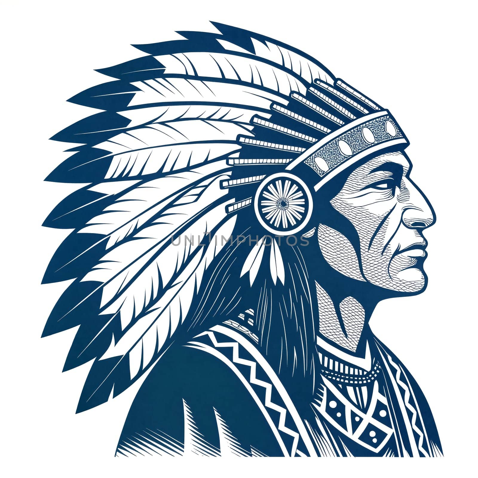 Logo of a Native American warrior adorned with a feather headdress, representing strength and cultural significance within their heritage - Generative AI