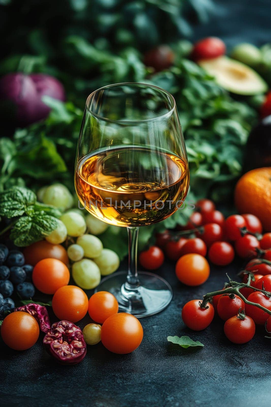 A glass of wine and light vegetable snacks on the table. We offer snacks at a friendly party.