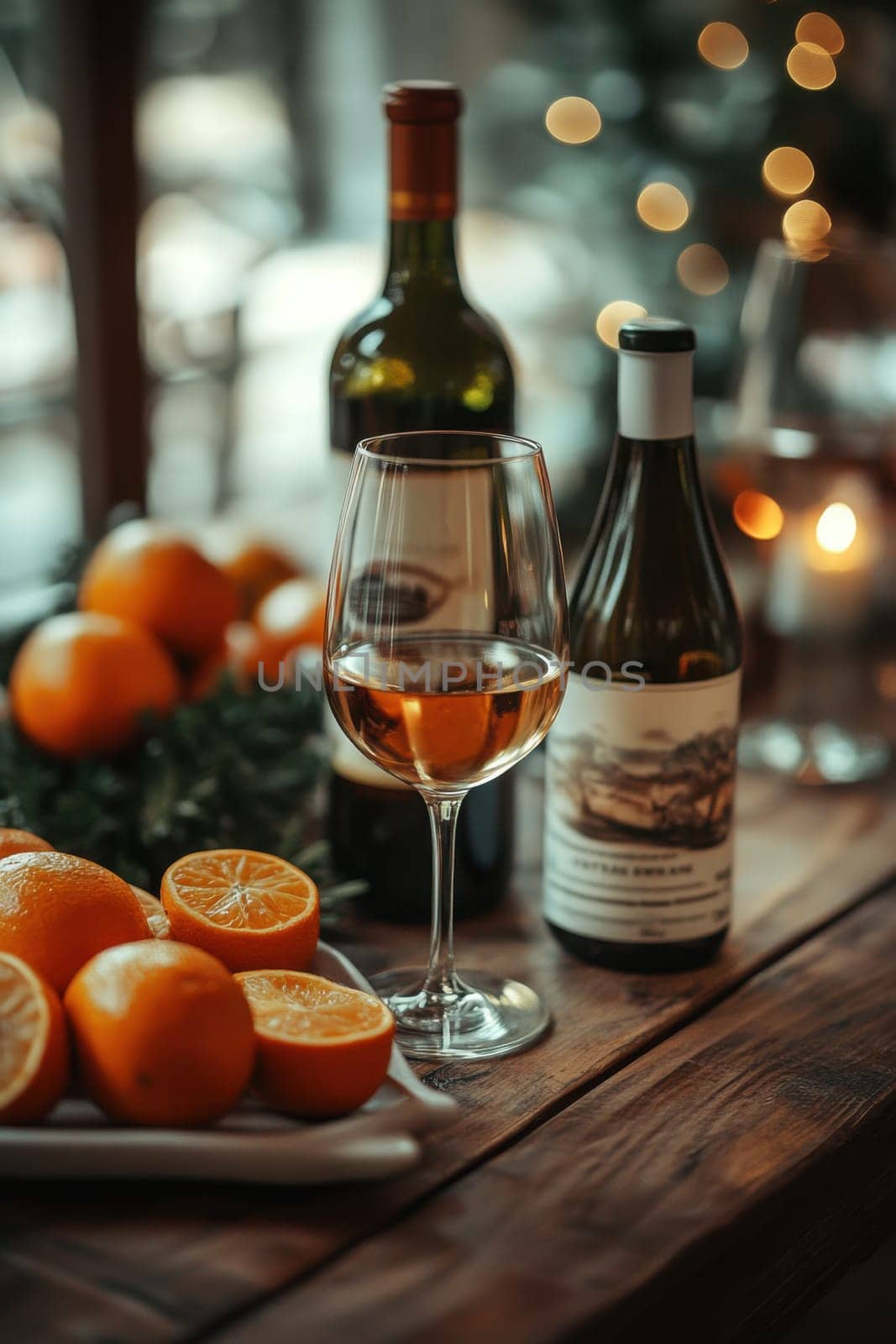 A glass of wine and light vegetable snacks on the table. We offer snacks at a friendly party.