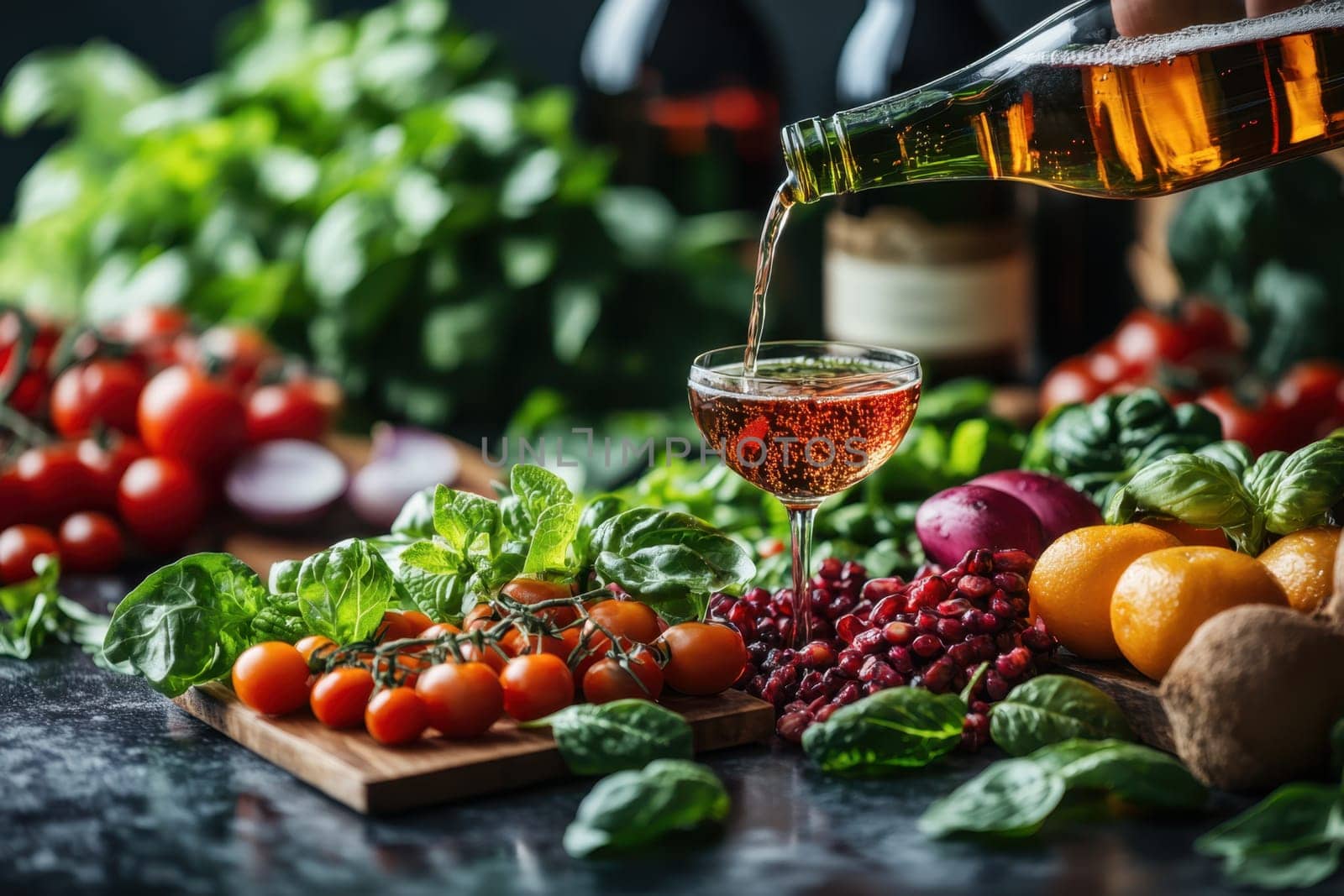 A glass of wine and light vegetable snacks on the table. We offer snacks at a friendly party.