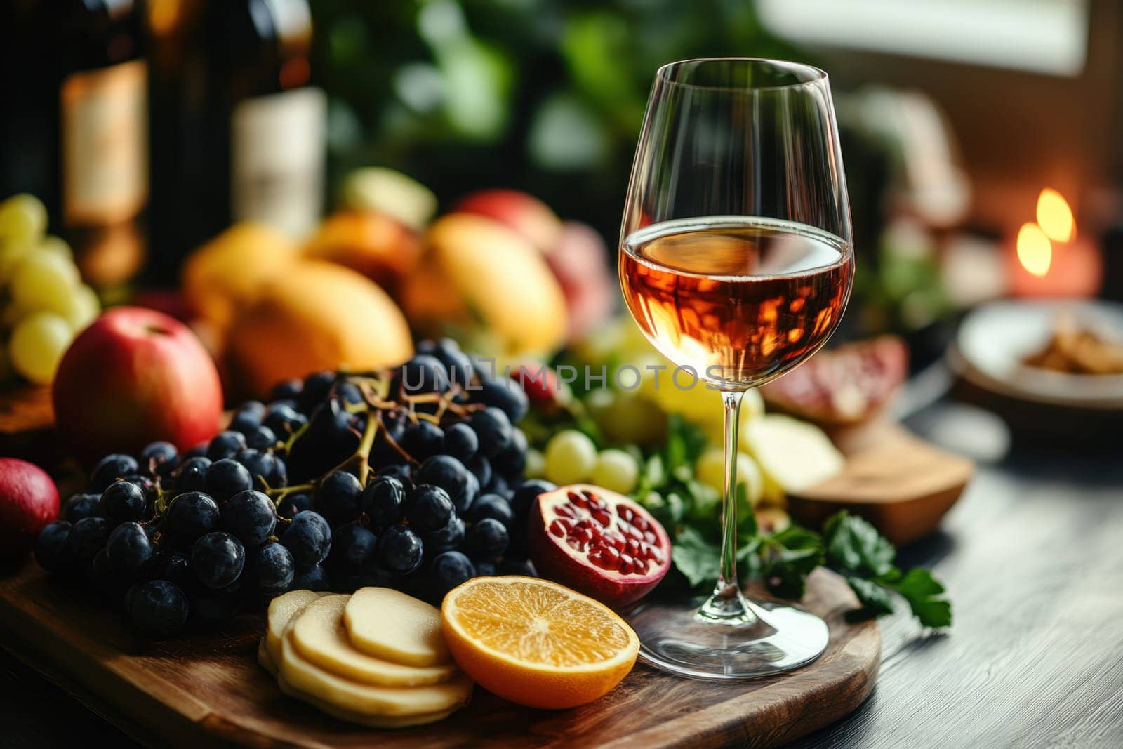 A glass of wine and light vegetable snacks on the table. We offer snacks at a friendly party.