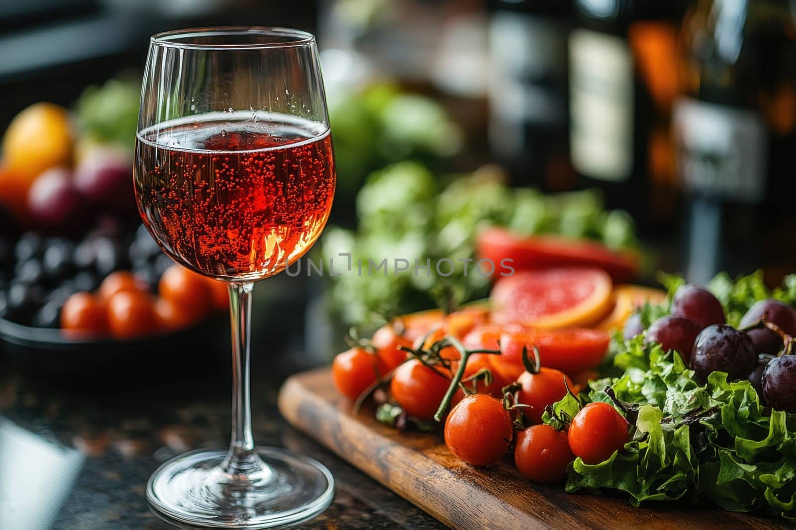 A glass of wine and light vegetable snacks on the table. We offer snacks at a friendly party.
