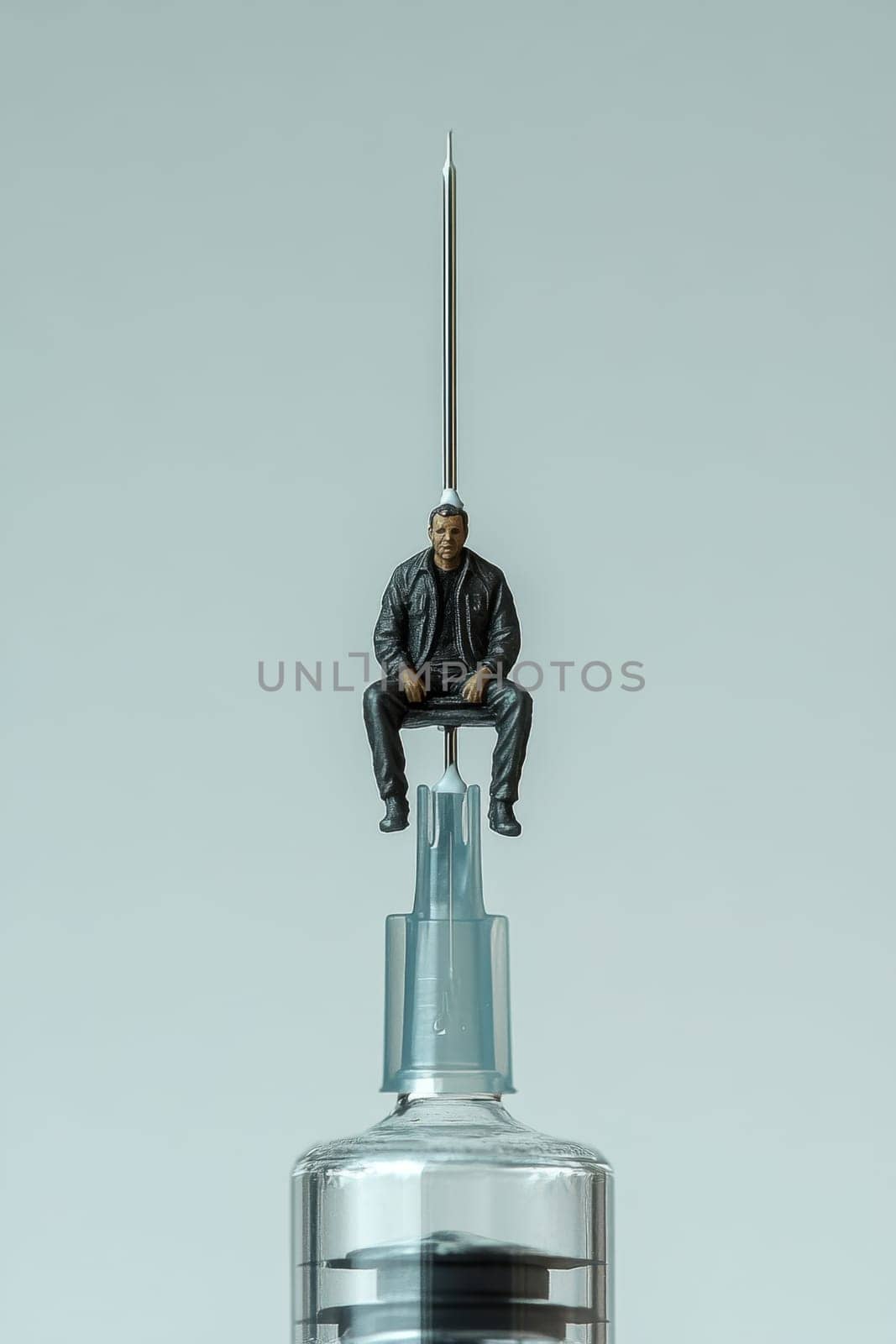 The man is on a needle. A drug addict in a medical syringe with a needle on a white isolated background. The concept of combating drugs.