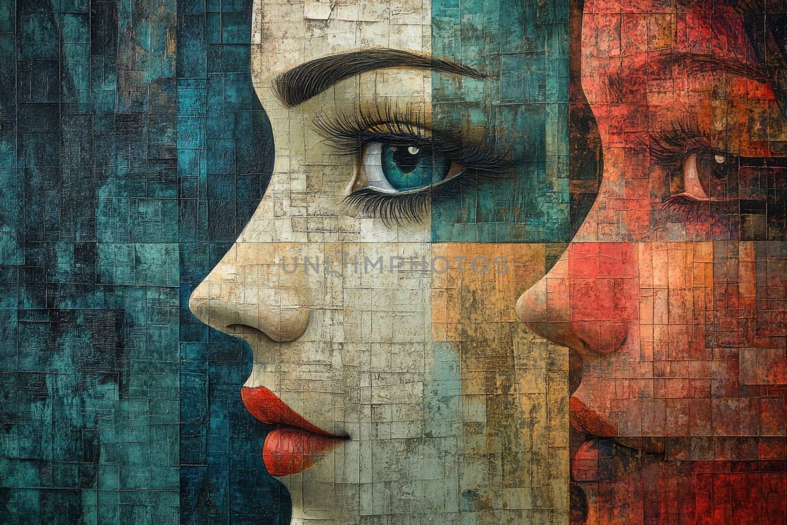 The faces of young women in the style of acrylic painting. Ideal for printing on fabric or paper, posters or wallpaper, for home decoration. Illustration.