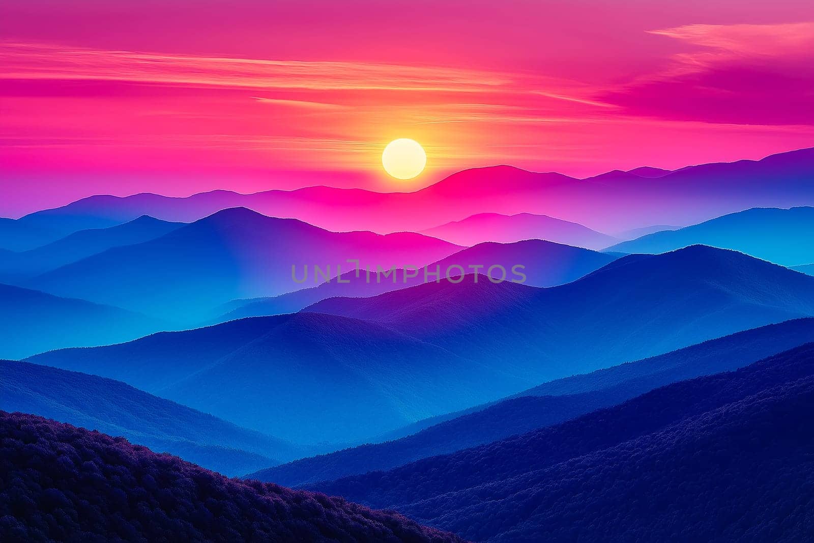 Breathtaking view of a mountain range at sunset, with vibrant colors illuminating the sky and clouds.