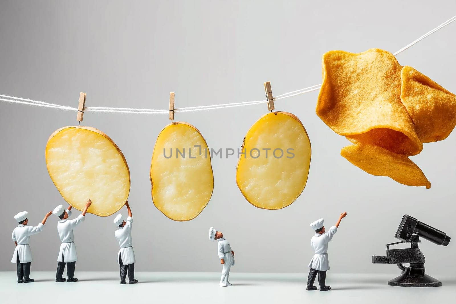 Creative food art concept featuring miniature chefs working with slices of potatoes.