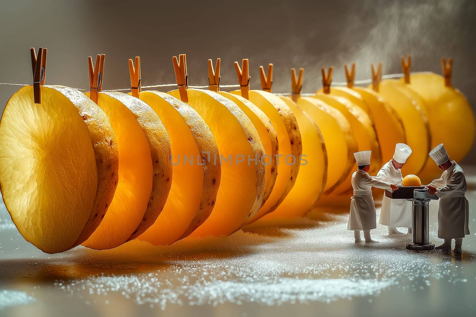 Creative food art concept featuring miniature chefs working with slices of potatoes.