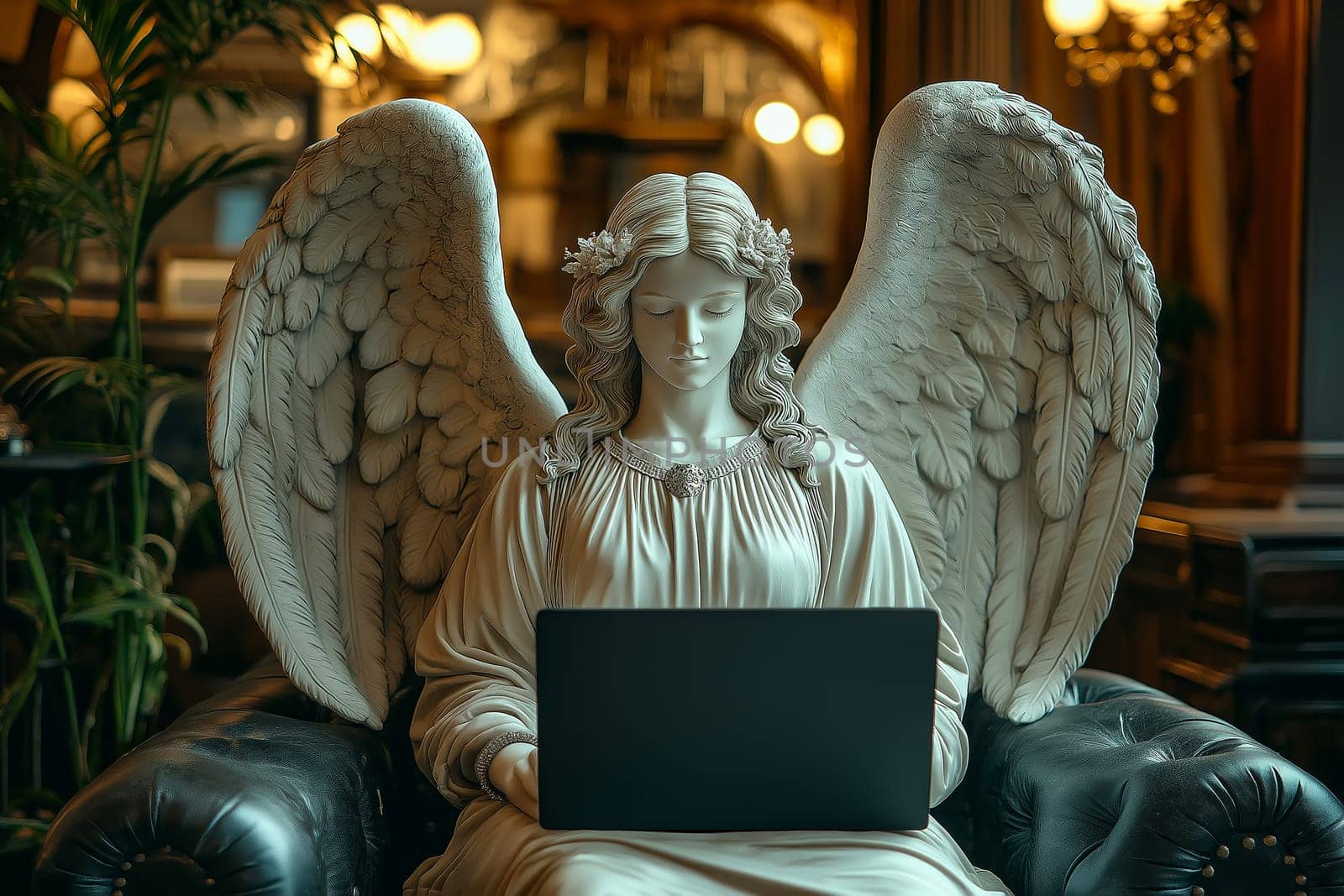 Angel statue sits at a desk with a modern laptop, surrounded by greenery and natural light. Perfect for themes of spirituality, work-life balance, and creative inspiration in a contemporary setting.