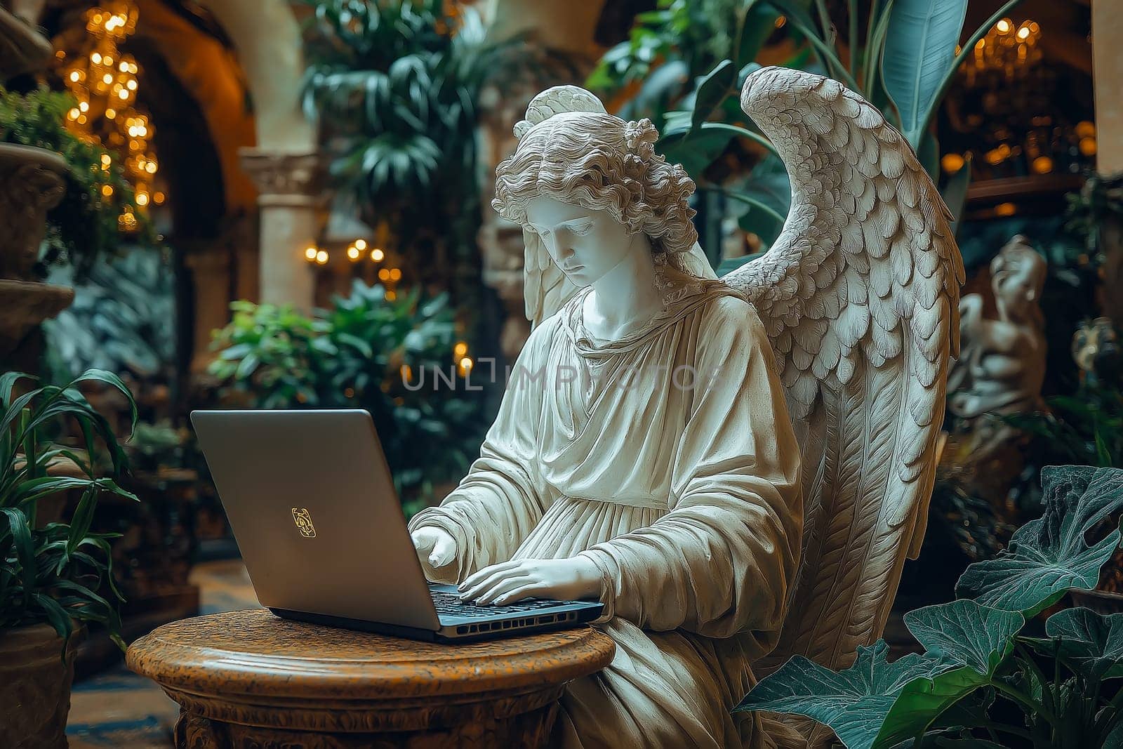 Angel statue sits at a desk with a modern laptop, surrounded by greenery and natural light. Perfect for themes of spirituality, work-life balance, and creative inspiration in a contemporary setting.