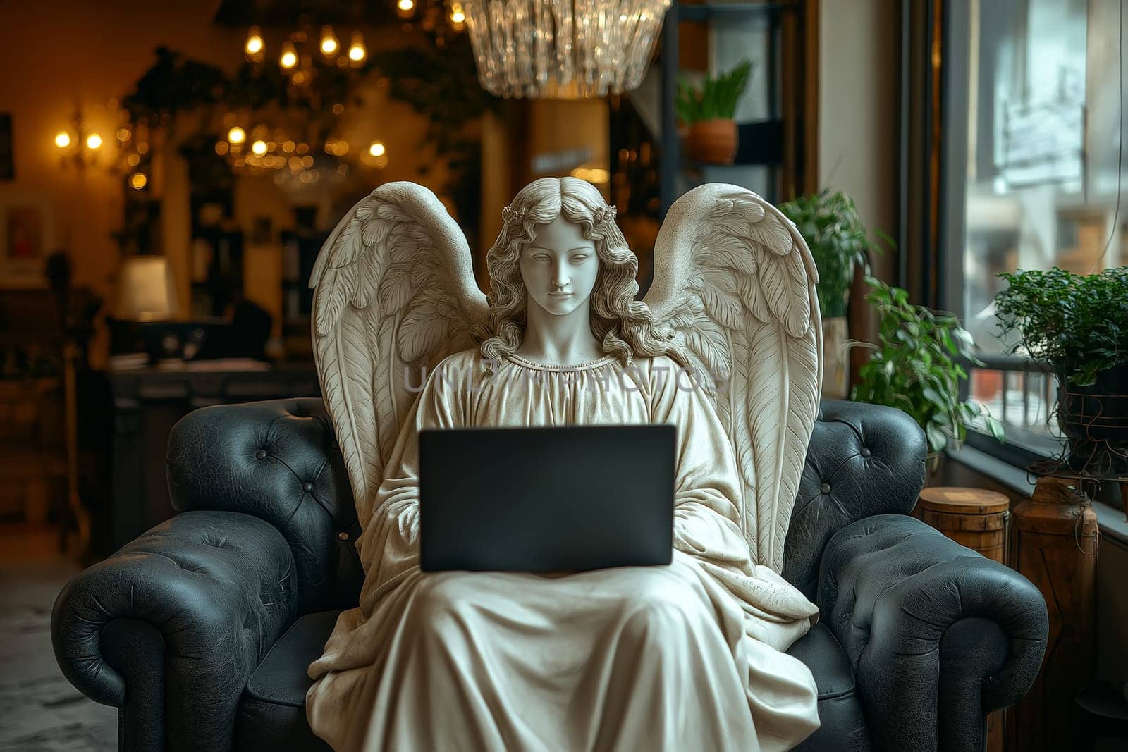Angel statue sits at a desk with a modern laptop, surrounded by greenery and natural light. Perfect for themes of spirituality, work-life balance, and creative inspiration in a contemporary setting.