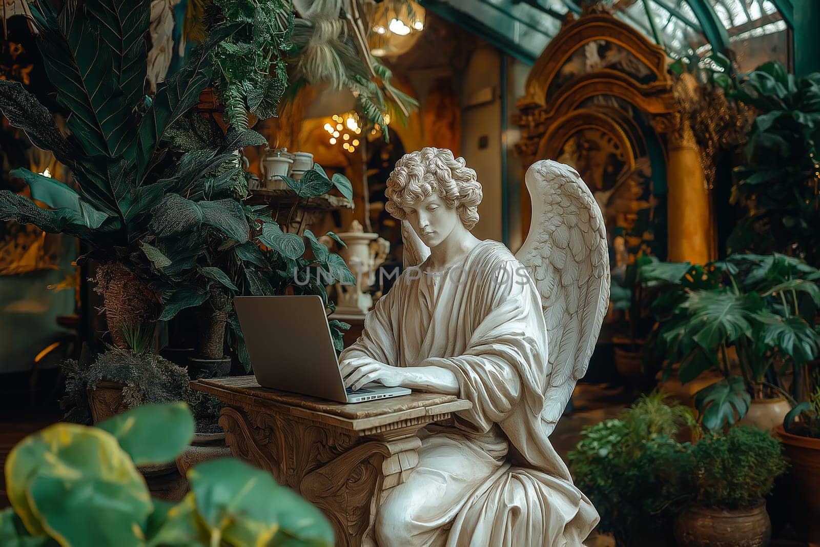 Angel statue sits at a desk with a modern laptop, surrounded by greenery and natural light. Perfect for themes of spirituality, work-life balance, and creative inspiration in a contemporary setting.
