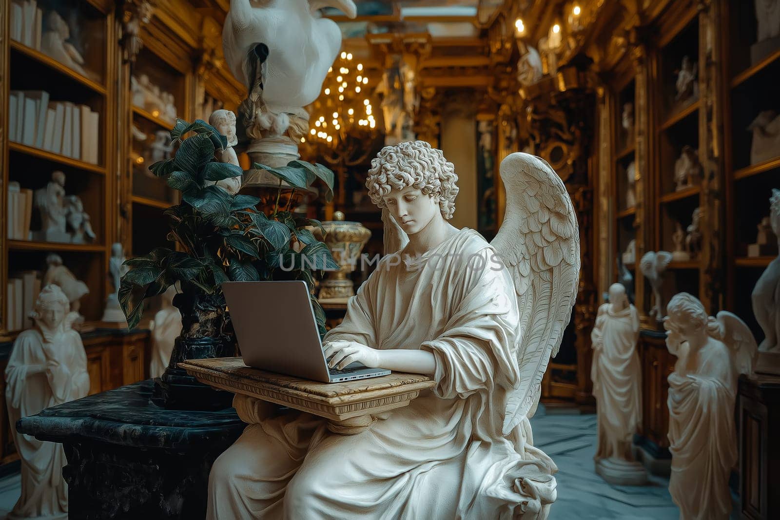 Angel statue sits at a desk with a modern laptop, surrounded by greenery and natural light. Perfect for themes of spirituality, work-life balance, and creative inspiration in a contemporary setting.