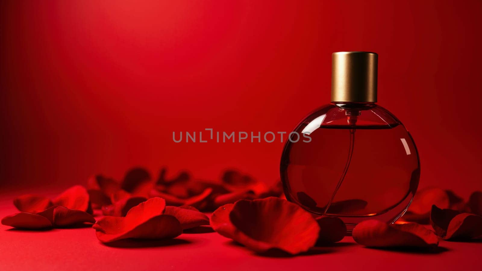 A bottle of perfume is on a red background with red petals. The perfume bottle is the main focus of the image