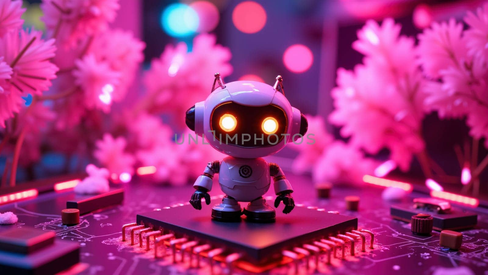 A robot is standing on a computer chip. The robot is surrounded by pink flowers. The robot is wearing a white hat and has a red light on its head. The scene is colorful and playful