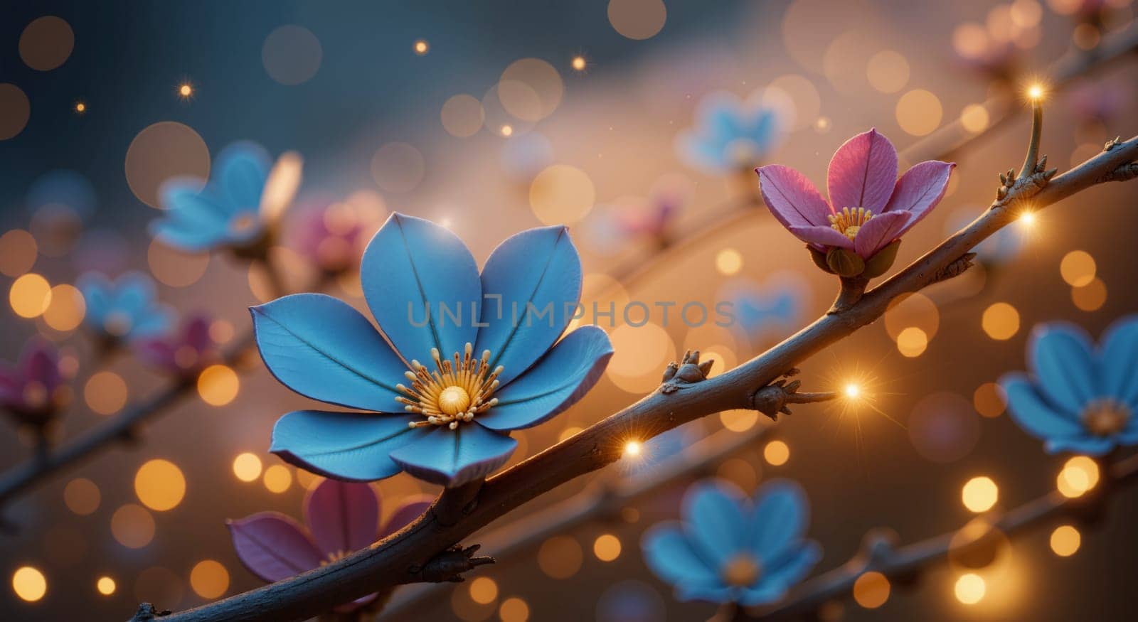 A close up of a branch with a bunch of flowers on it. The flowers are blue and pink