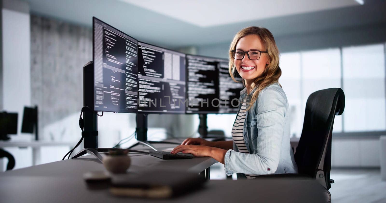 Software Programmer Or Coder Woman Using Office Computer